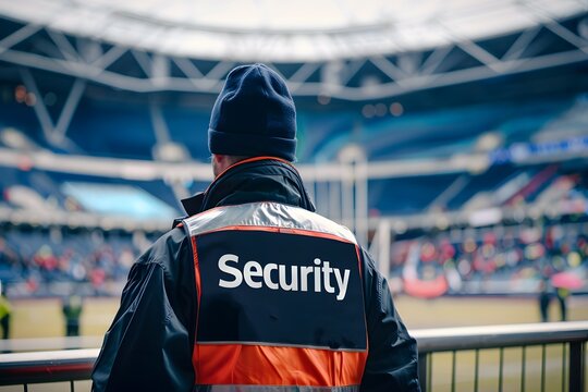 Close-up of a security guard's back with the word "Security" visible, standing in front of a sports stadium, focusing on sports event security