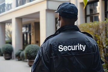 Close-up of a security guard's back with the word "Security" visible, standing in front of a residential building, highlighting residential security