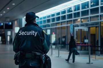 Close-up of a security guard's back with the word "Security" visible, standing in front of a hospital, emphasizing healthcare security 
