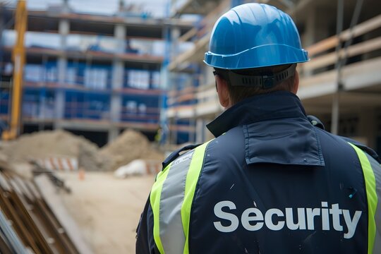 Close-up of a security guard's back with the word "Security" visible, standing in front of a construction site, emphasizing construction security 