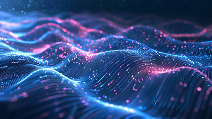 Data neon waves abstract background, dark digital space with network and lights,Concept of tech, texture, secure connection, cyber technology, polygon grid and future, Blue and Pink Background 