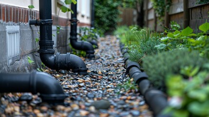 Detailed view of underground drainage pipe connection to gutter downspouts for improved water dispersal,