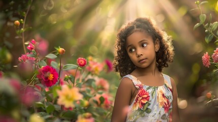 Naklejka premium Golden Hour Innocence: Young Girl Amidst Blooming Flowers