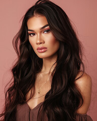 Naklejka premium Glamorous woman, trans diva red lips and golden makeup. Elegant portrait with sparkling background