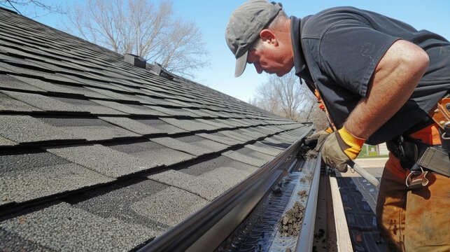 Worker performing roof edge preparation including drip edge installation prior to gutter mounting,