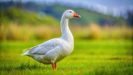 Obraz premium A beautiful white goose standing gracefully on a green meadow , bird, animal, wildlife, nature, farm, feathered, poultry