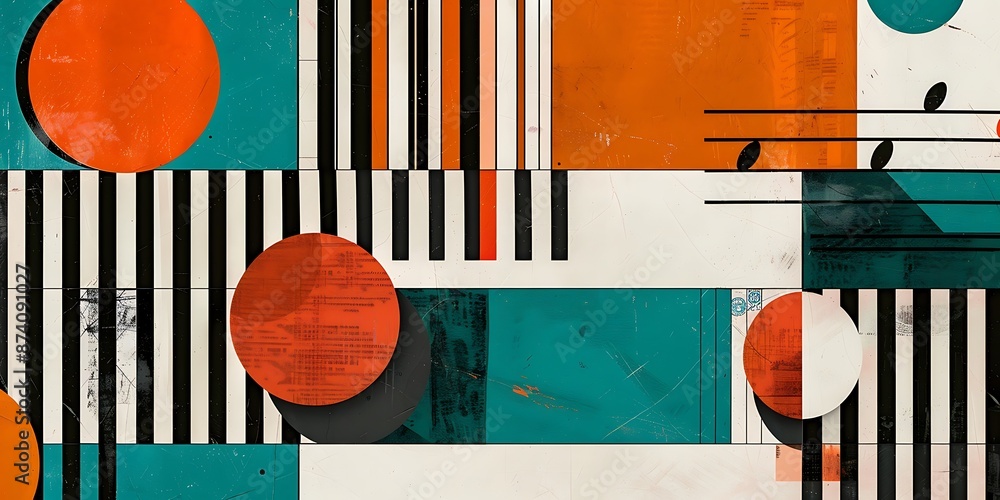 Poster a retro poster with bold geometric shapes and contrasting colors, such as circles, squares and lines