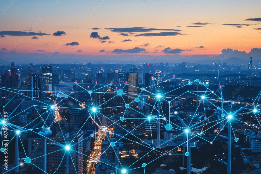 Poster cityscape at dusk with interconnected network lines symbolizing connectivity technology and modern c