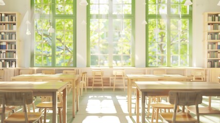 Bright School Classroom with Green Windows and Wooden Furniture