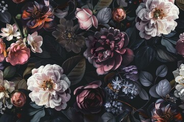 Luxurious pattern of mixed blooms in dark, moody tones for backgrounds or decor
