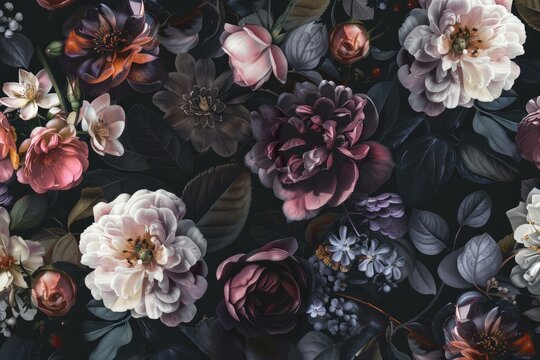 Fototapeta Luxurious pattern of mixed blooms in dark, moody tones for backgrounds or decor