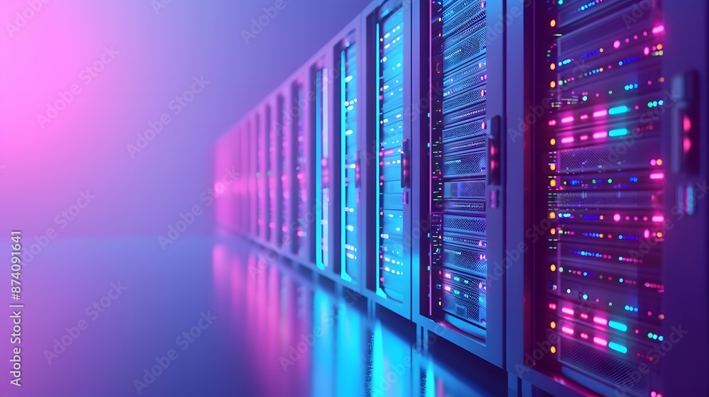 Poster a modern data center server rack with colorful led lights, representing high technology and efficien