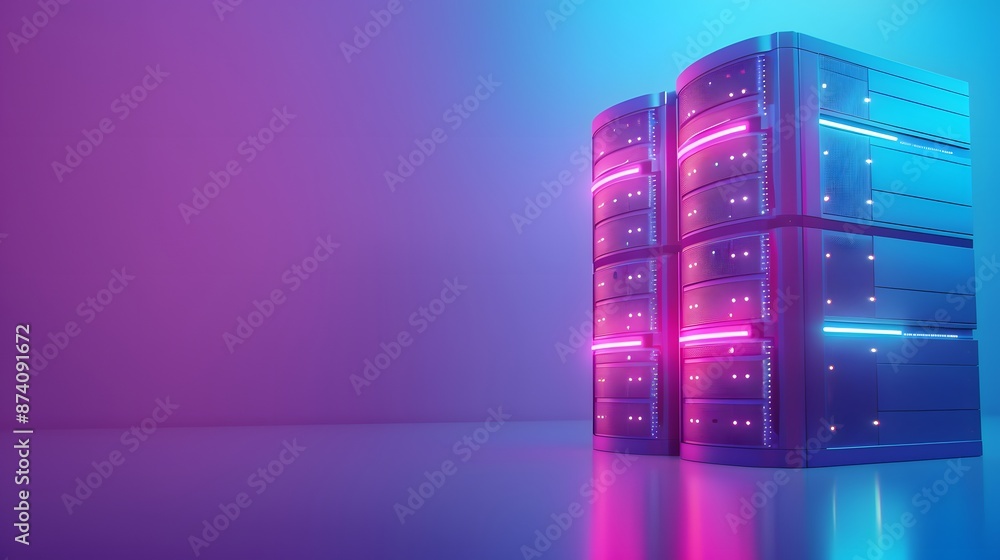 Poster a modern data center with glowing servers in a futuristic room, illuminated with pink and blue light