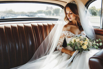 A beautiful bride with a bouquet of roses in her hands sits in the back seat of a vintage car.
