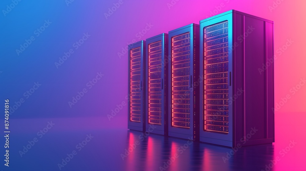 Poster a row of illuminated data servers in a modern data center with vibrant lighting, representing techno