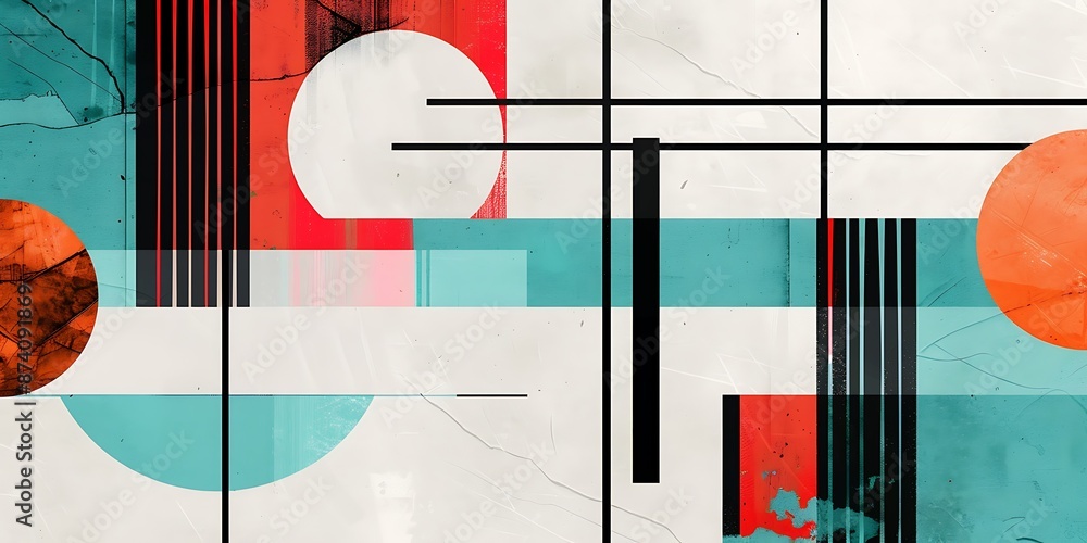 Poster a retro poster with bold geometric shapes and contrasting colors, such as circles, squares and lines
