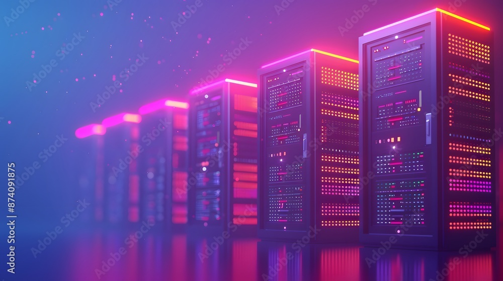 Poster a row of illuminated server racks in a vibrant, futuristic data center. the glowing lights emphasize