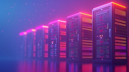 Naklejka premium A row of illuminated server racks in a vibrant, futuristic data center. The glowing lights emphasize technology and network infrastructure.