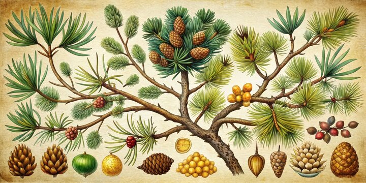 Antique stylized of Pinus cembra tree with twigs, buds, needles, flowers, and fruits, evergreen, Pinus cembra, tree, antique