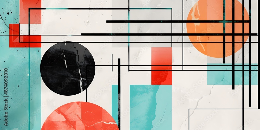 Poster a retro poster with bold geometric shapes and contrasting colors, such as circles, squares and lines