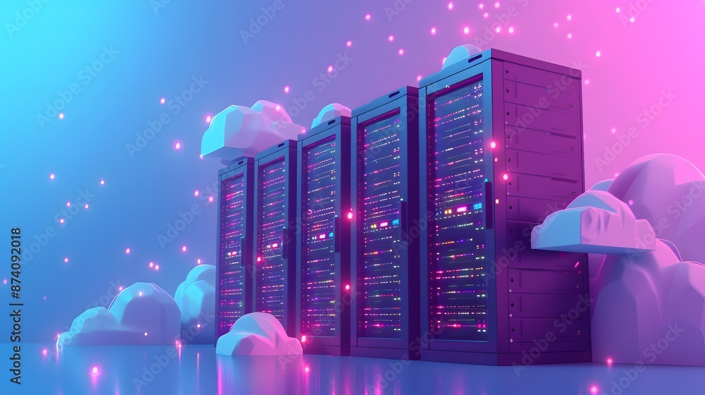 Poster A vibrant data center with server racks surrounded by clouds, representing cloud computing and futuristic technology.