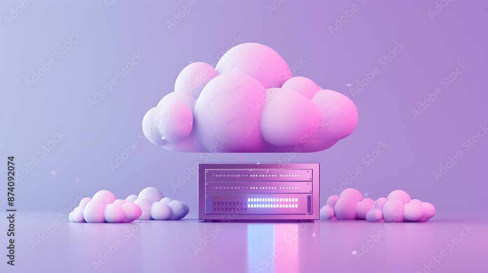 Poster abstract cloud computing concept with a server and fluffy clouds on a purple background. tech illust