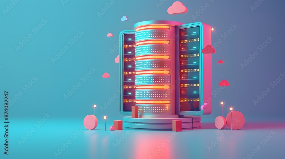 Poster abstract illustration of a futuristic digital server with cloud computing icons and vibrant neon col