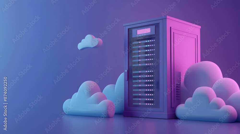 Poster abstract illustration of cloud computing with a server rack and clouds on a purple background. moder