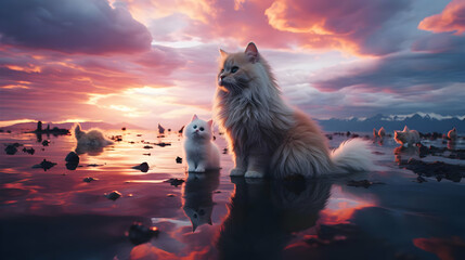 Two Cats Standing in the Water at Sunset - Illustration