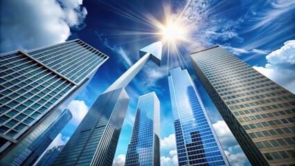 A powerful image symbolizing ambition and growth as buildings soar high into the sky, ascent, global, ambition, growth, skyscraper