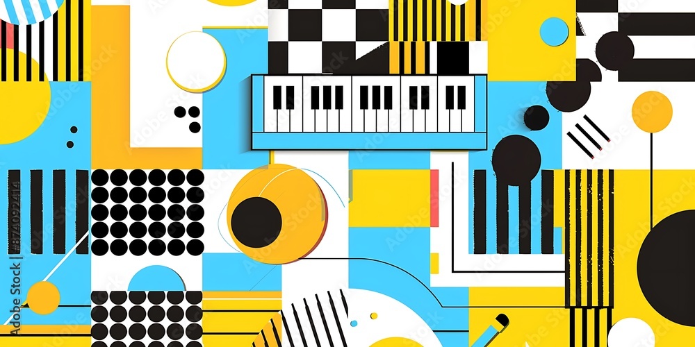Poster a retro poster with bold geometric shapes and contrasting colors, such as circles, squares and lines