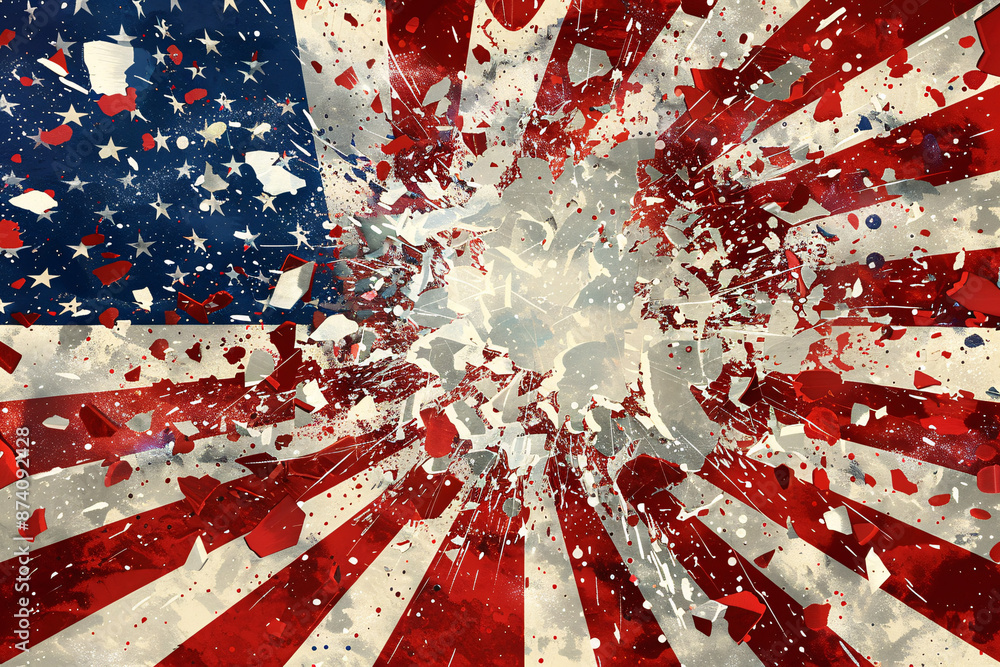 Poster bursting american flag with pieces and colors scattered, creating a dynamic and visually striking im