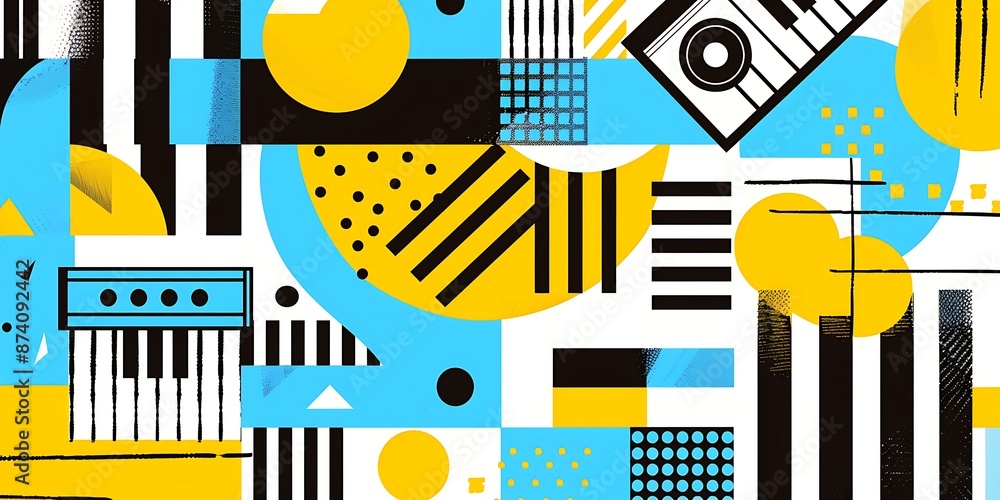 Poster a retro poster with bold geometric shapes and contrasting colors, such as circles, squares and lines