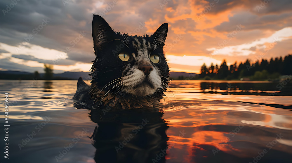 Sticker cat swimming at sunset - photo