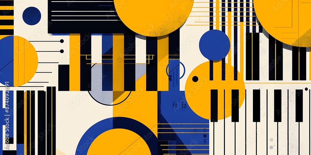 Poster a retro poster with bold geometric shapes and contrasting colors, such as circles, squares and lines