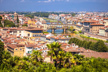 Obraz premium Florence city Arno river and ponte Vecchio aerial panoramic view