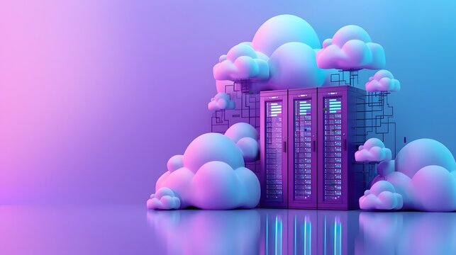 Colorful data center with cloud computing concept, servers surrounded by clouds in vibrant pink and blue lighting.
