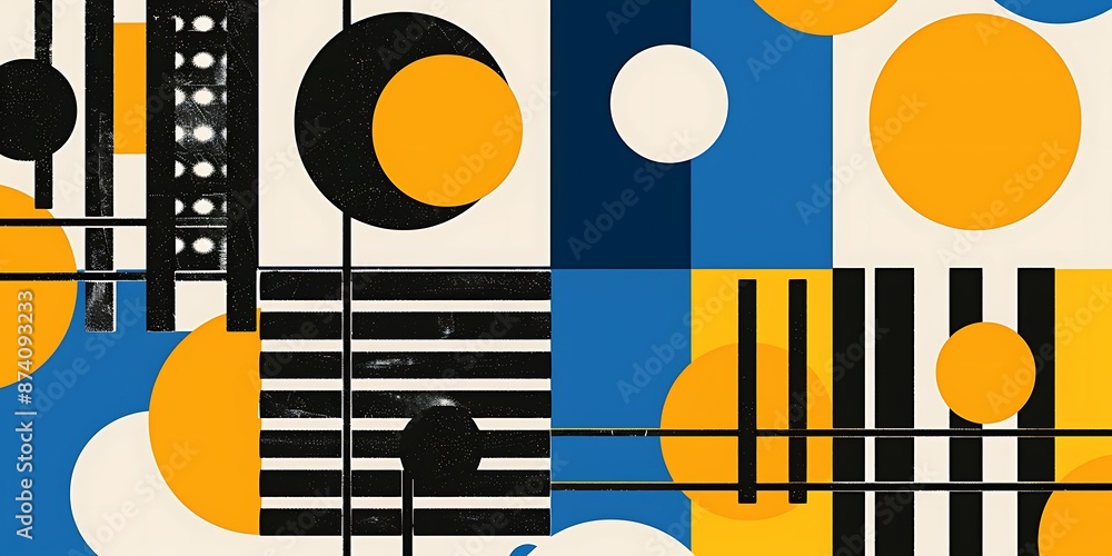 Poster a retro poster with bold geometric shapes and contrasting colors, such as circles, squares and lines