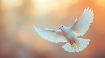 White dove gracefully flying. Symbolizing freedom and liberation. Capture the essence of hope, peace, and emancipation as the dove soars into the open sky	