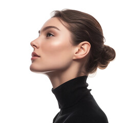 Elegant profile of a woman in a black turtleneck, isolated on transparent background.