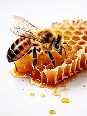 Amber-yellow bees buzz around a honeycomb, with drops of golden honey clinging to the waxy cells. Generated by AI.