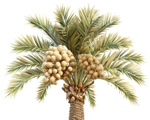 Date Palm Tree Isolated on White Background. Tropical Plant with Date Fruits and Green Leaves