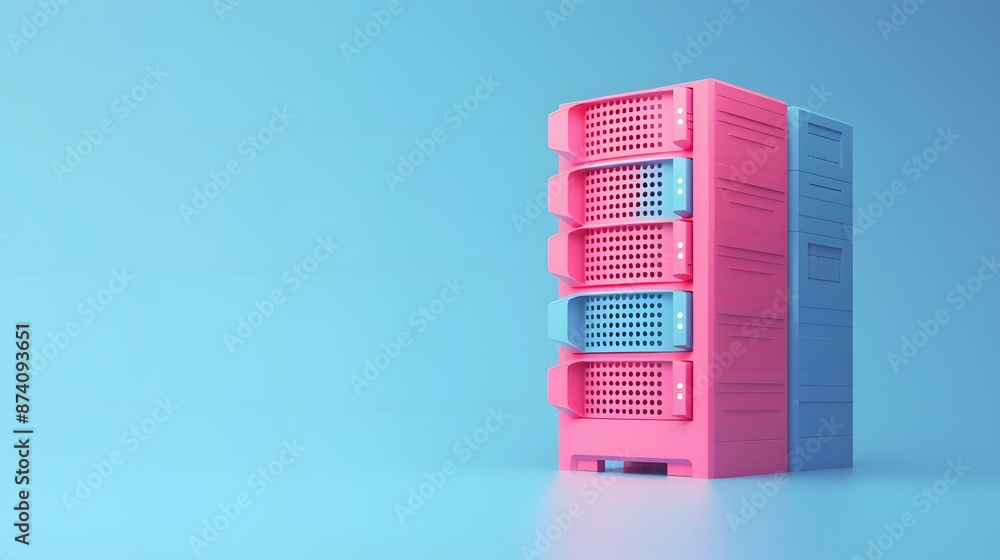 Poster colorful server rack standing in front of a blue background. bright and modern data storage concept 