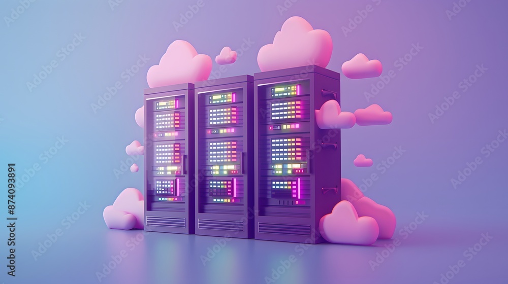 Poster colorful servers in a cloud computing data center with neon lights, representing modern technology a