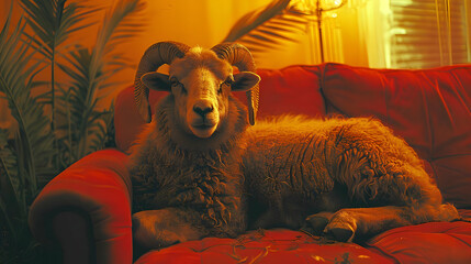 Sheep Relaxing on Red Couch - Photo