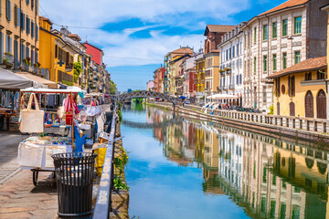 Naviglio Grande channel in Milan colorful architecture view