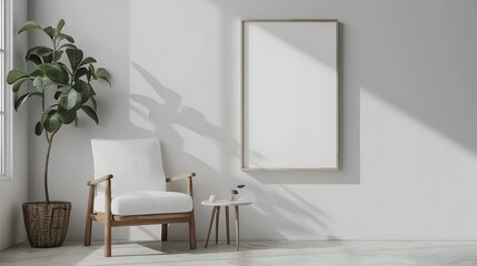 Minimalist Frame Mockup Next to Modern Designer Chair in Monochrome Studio