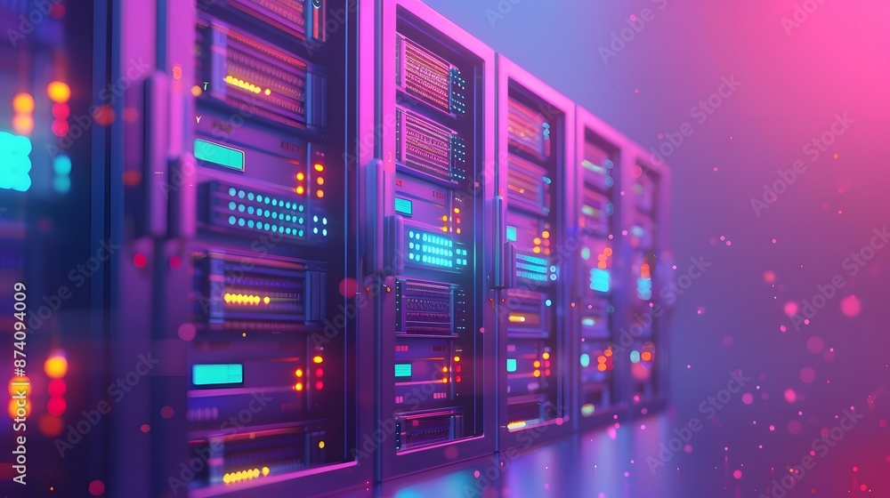 Poster data center server racks glowing with colorful lights in a futuristic technology environment, illust