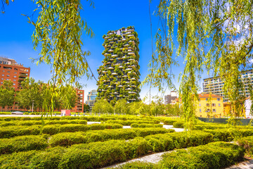 Green skyscraper architecture in Milan view