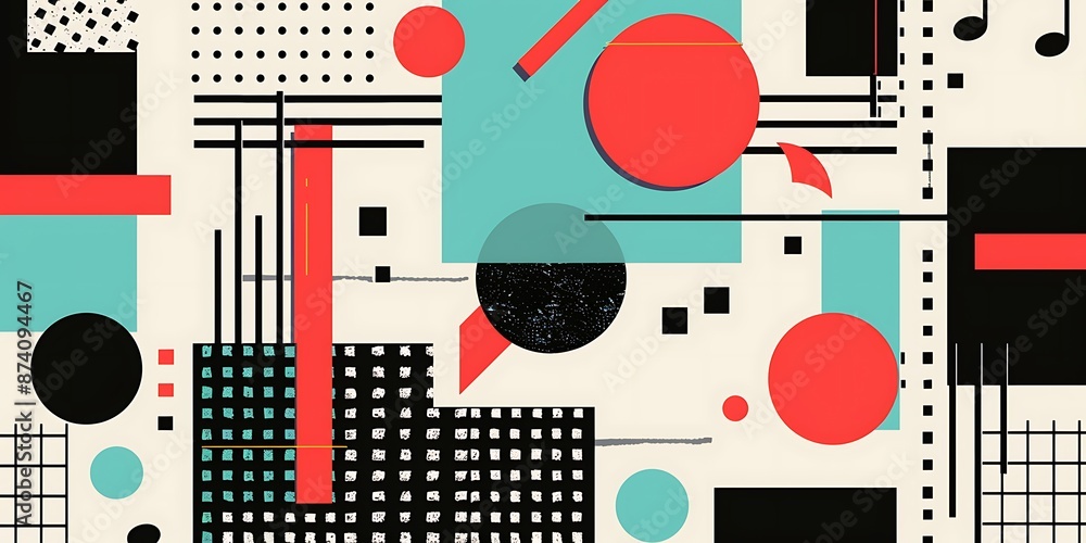Poster a retro poster with bold geometric shapes and contrasting colors, such as circles, squares and lines